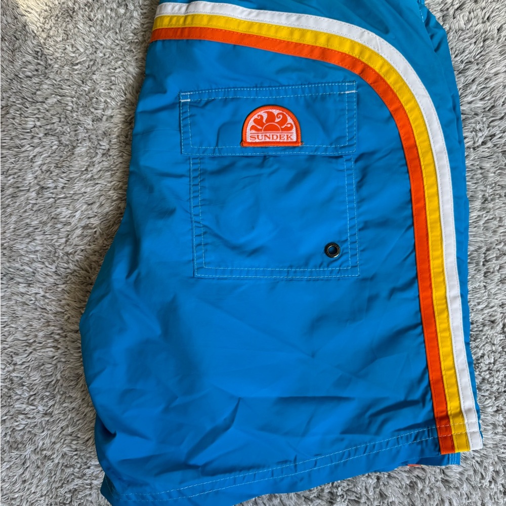 Sundek Men's Blue Athletic Shorts with Rainbow Stripes